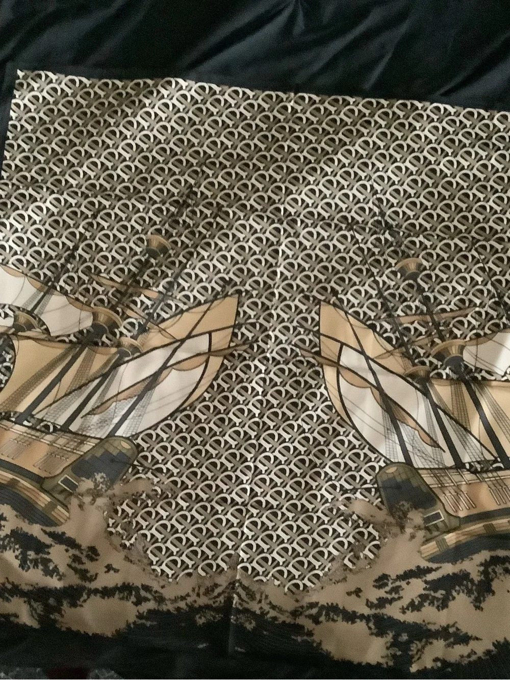 Oversized 35x35 Satin Scarf Sailing Ship Nautical Print Black Beige NWOT